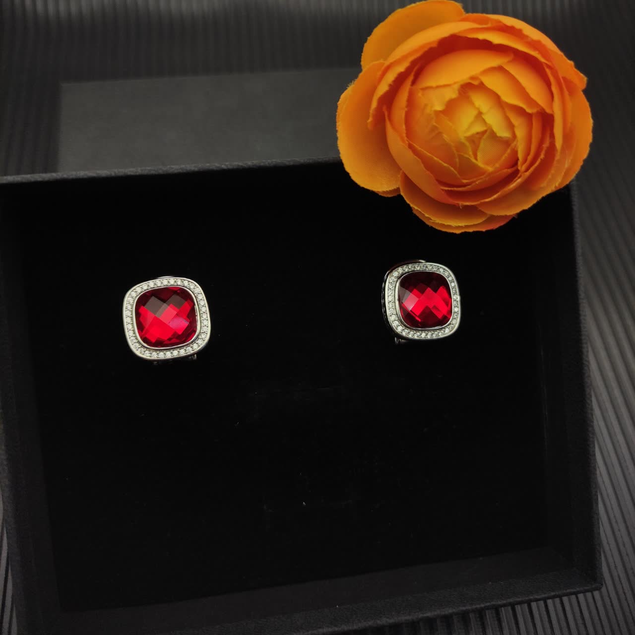 David Yurman Sterling Silver Albion Earrings with Red Diamonds